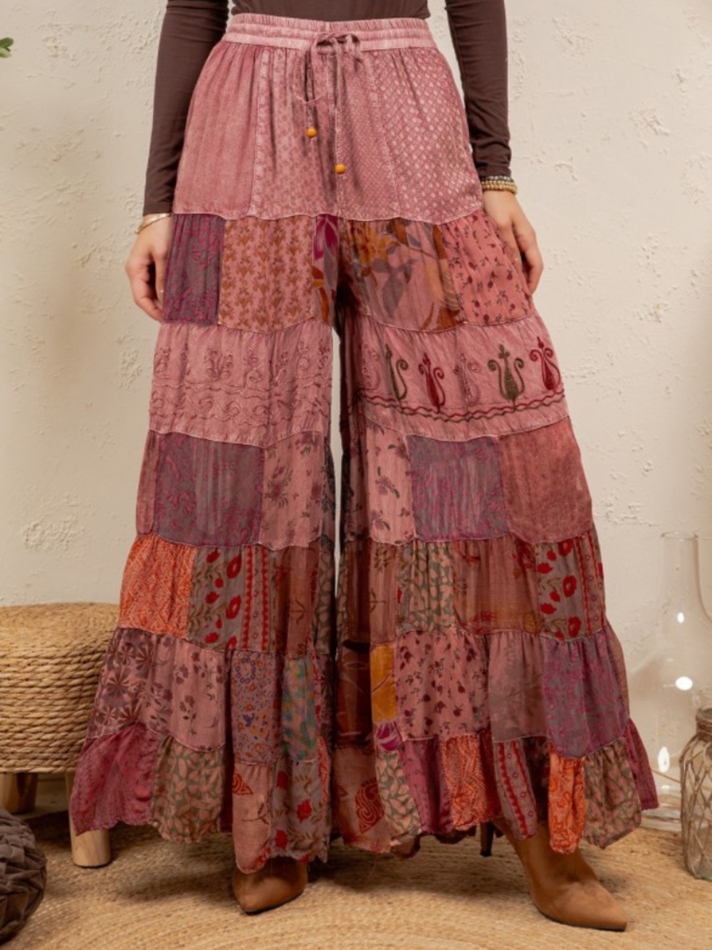 Young Threads Garnet Patchwork Wide Leg Flowy Pants - Picture 2 of 2